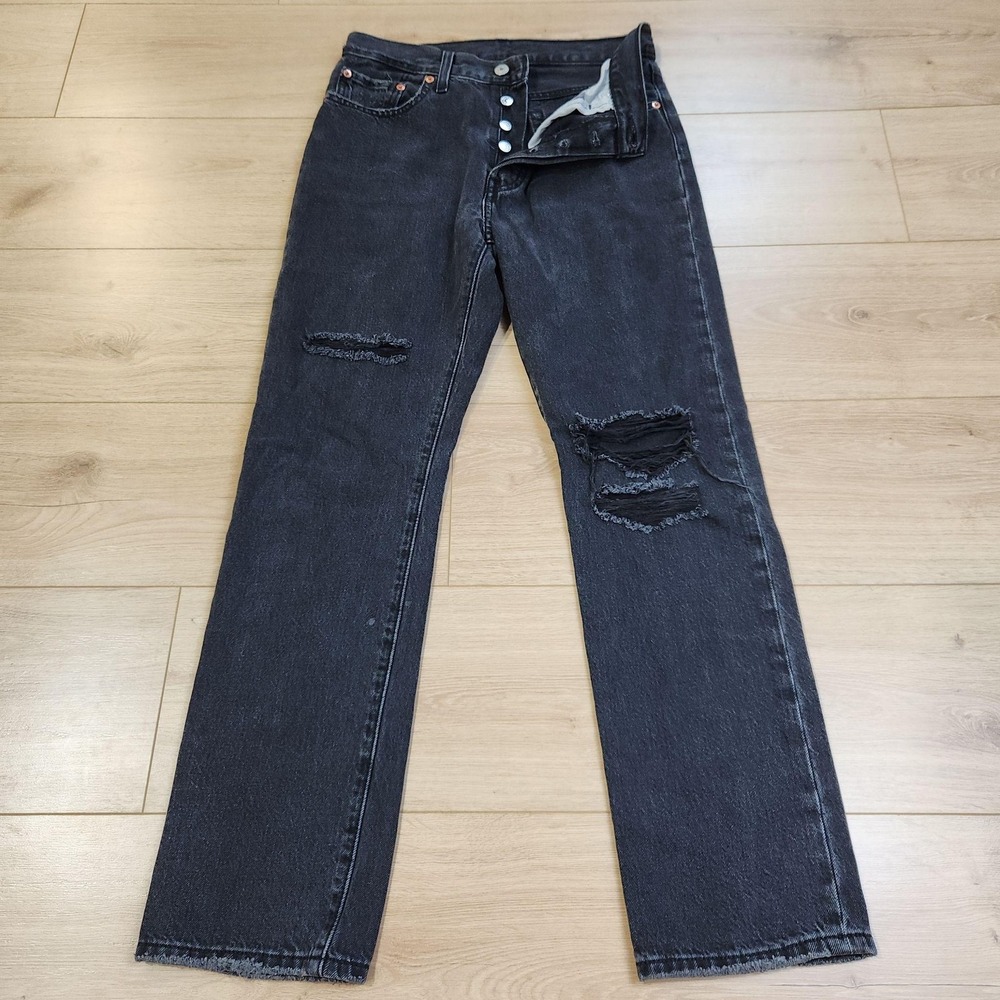 Levis 501 Jeans Womens 28x30 Black Charcoal Distressed Button Fly Straight Denim